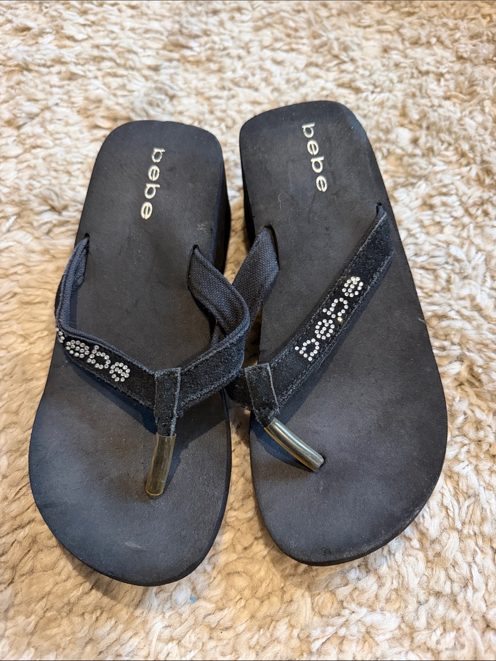 bebe Black Rhinestone-Accent Toe-Post Sandals